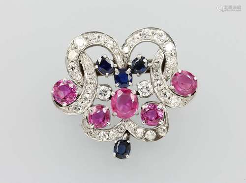 8 kt gold brooch with coloured stones and diamonds