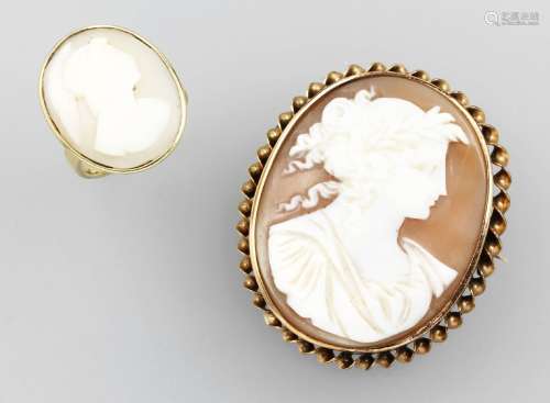 Lot gold ring and brooch with shell cameo
