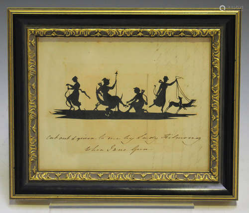 A George III black paper cut-out silhouette depicting Diana the Huntress and attendants