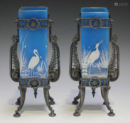 A pair of late 19th century American plated pewter and blue glass vases by Reed & Barton