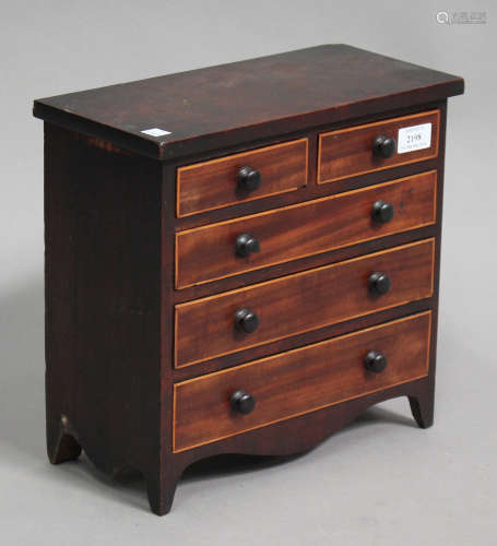 A 19th century mahogany diminutive apprentice chest of two short and three long drawers