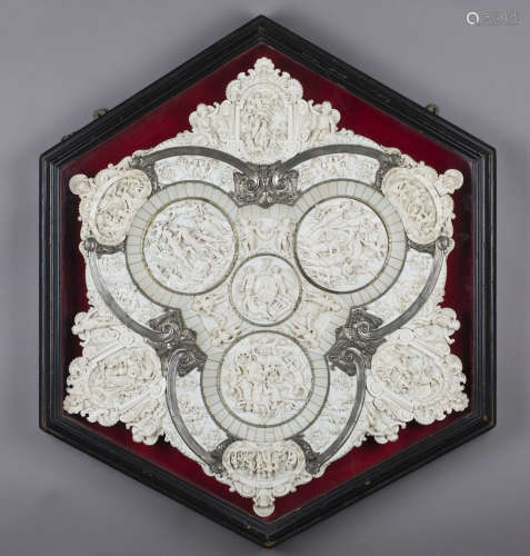 An impressive mid-19th century French Dieppe carved ivory hexagonal wall plaque of sectional form