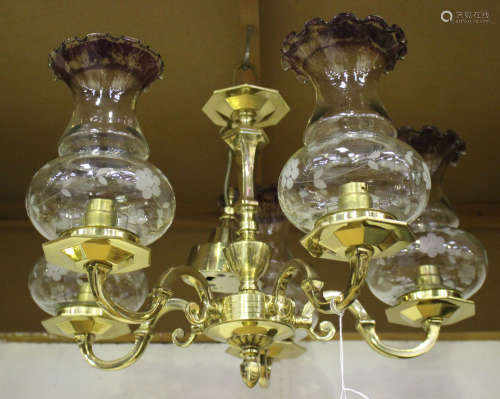 A late 20th century gilt brass five light chandelier