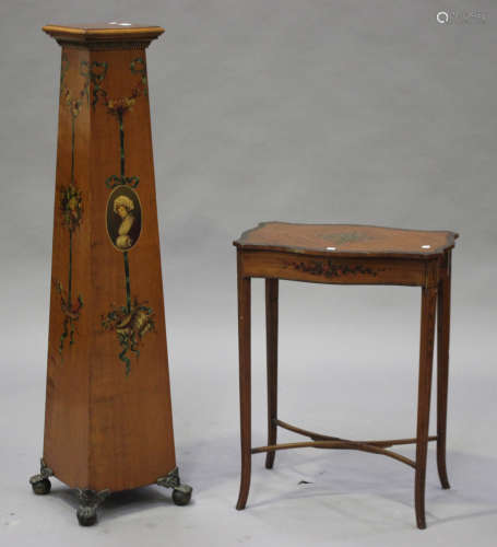 An early 20th century satinwood and painted pedestal