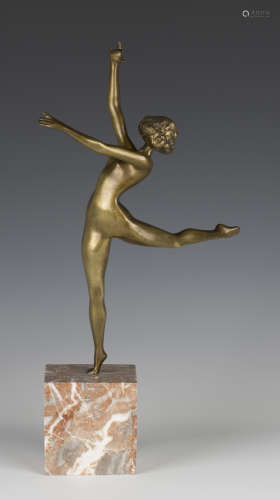 An Art Deco period gilt cast bronze figure of a nude female dancer