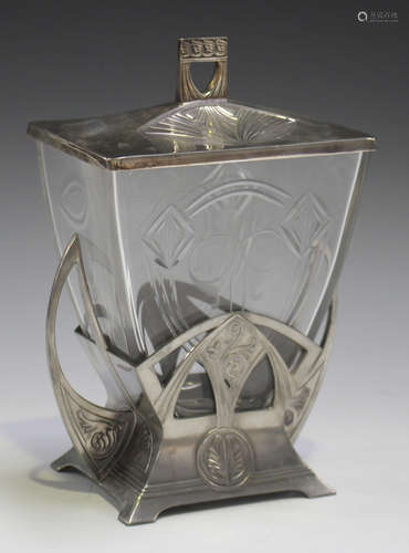 An early 20th century WMF plated pewter and clear glass jar and cover