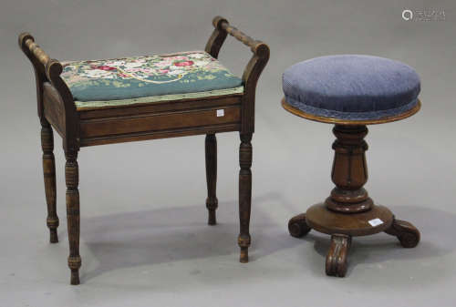 A William IV mahogany revolving piano stool with a tulip cusp stem and scroll feet