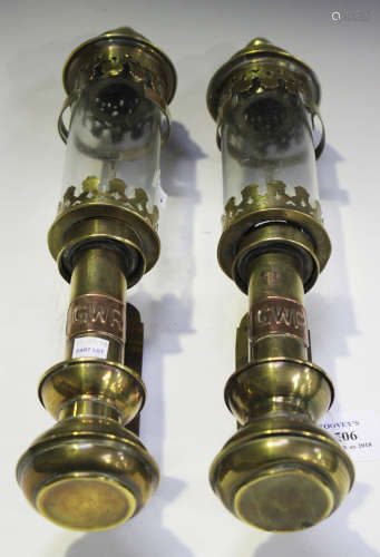 A pair of GWR brass and copper mounted railway carriage lamps