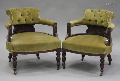 A pair of Victorian mahogany tub back salon armchairs