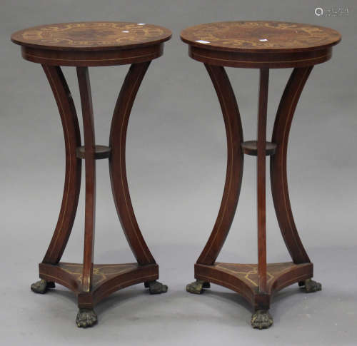 A pair of 20th century French Empire style walnut lamp tables with inlaid and painted decoration
