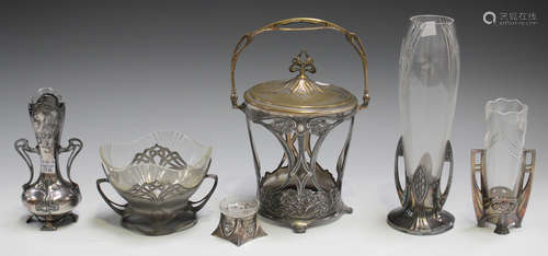 A group of three early 20th century WMF pewter and glass vases