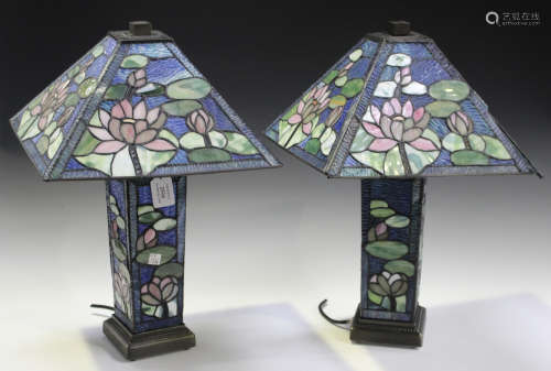 A pair of late 20th century Tiffany style leaded and stained glass table lamps