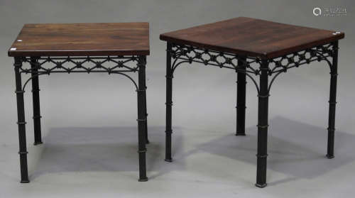 A pair of modern hardwood and wrought iron square occasional tables