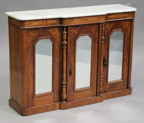 A mid-Victorian burr walnut side cabinet with white marble top