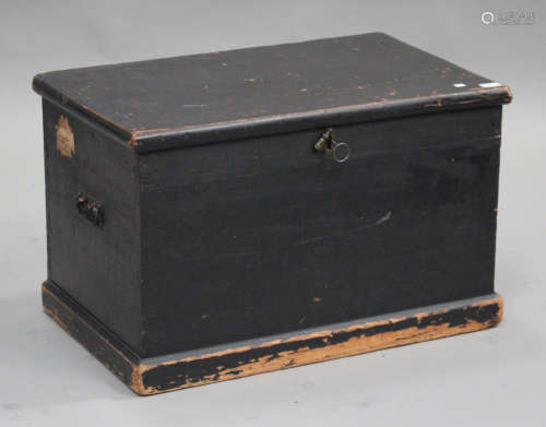 A late 19th century painted pine tool chest with removable fitted trays