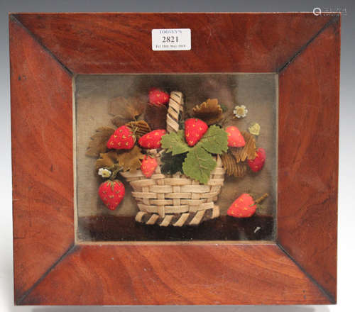 A 19th century felt raised work panel depicting a woven basket of strawberries