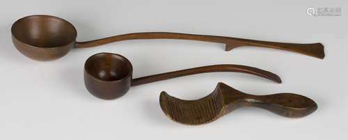 A 19th century ash measure/scoop with rounded bowl and curved handle