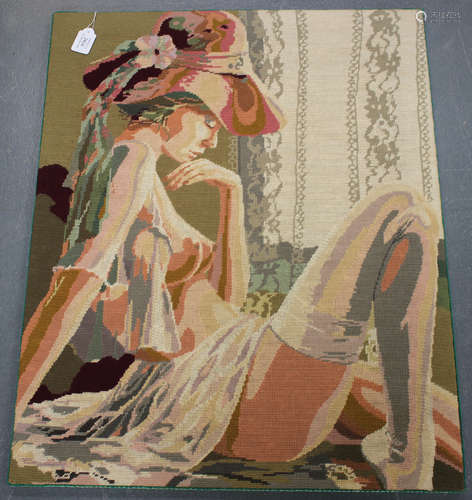 A late 20th century woolwork panel of a risqué young woman