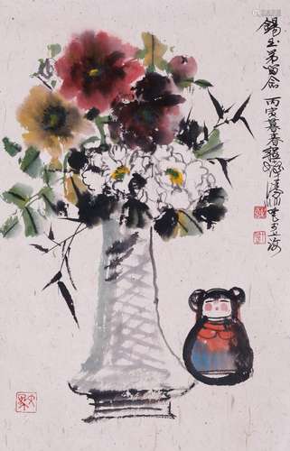 CHINESE SCROLL PAINTING OF FLOWER IN VASE WITH PUBLICATION