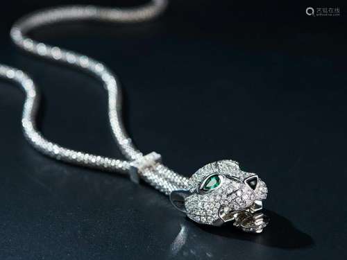 CARTIER PANTHERE 18K WHITE GOLD DIAMOND EMERALD ONYX NCEKLACE