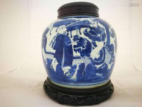 CHINESE PORCELAIN BLUE AND WHITE FIGURES GINGER JAR