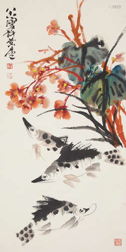 CHINESE SCROLL PAINTING OF FISH AND FLOWER