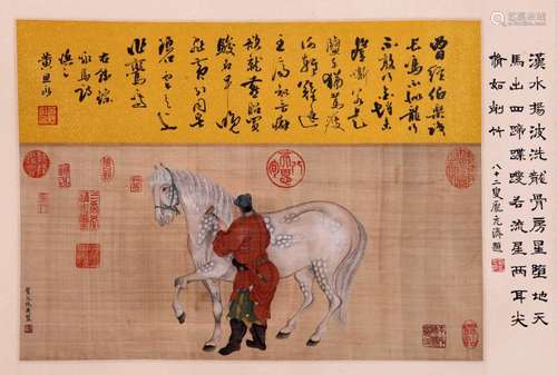 CHINESE SCROLL PAINTING OF MAN AND HORSE ON SILK