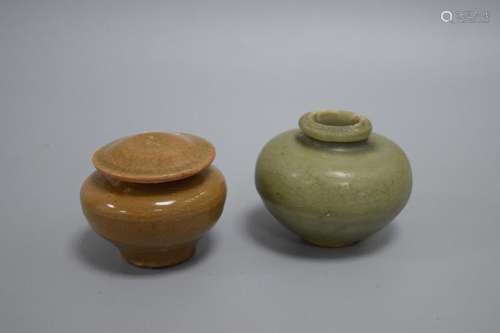 TWO CHINESE PORCELAIN CELADON GLAZE JARS SONG DYNASTY