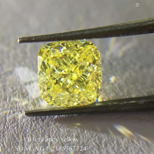 GIA CERTIFICATED 1.01 CT CUSHION SHAPE FANCY YELLOW DIAMOND