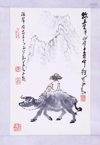 CHINESE SCROLL PAINTING OF COWBOY