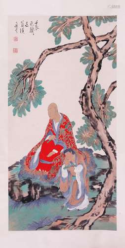 CHINESE SCROLL PAINTING OF LOHAN UNDER TREE