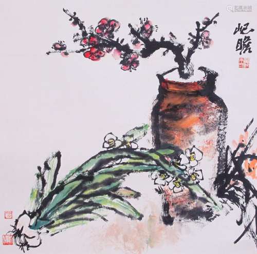 CHINESE SCROLL PAINTING OF FLOWER IN VASE