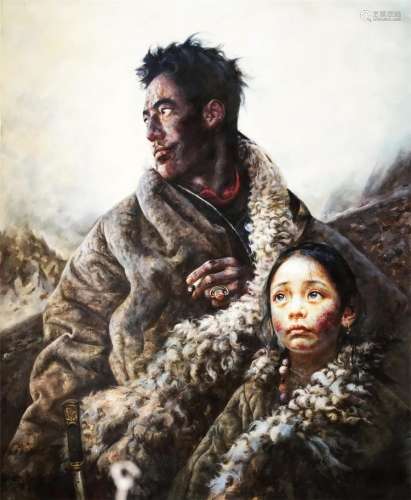 CHINESE OIL PAINTING ON CANVOS OF FATHER AND DAUGHTER