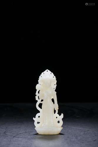 CHINESE WHITE JADE PIERCED CRAVED STANDING GUANYIN