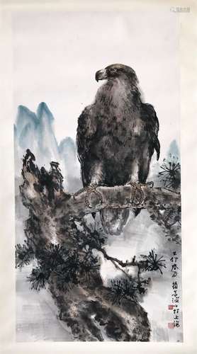 CHINESE SCROLL PAINTING OF EAGLE ON PINE TREE