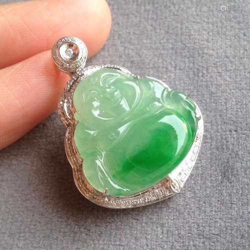 NATURAL JADEITE 18K GOLD DIAMOND BUDDHA PENDANT