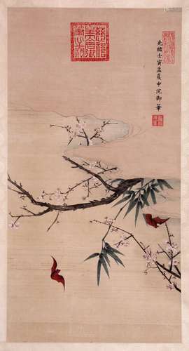 CHINESE SCROLL PAINTING OF BAT AND FLOWER