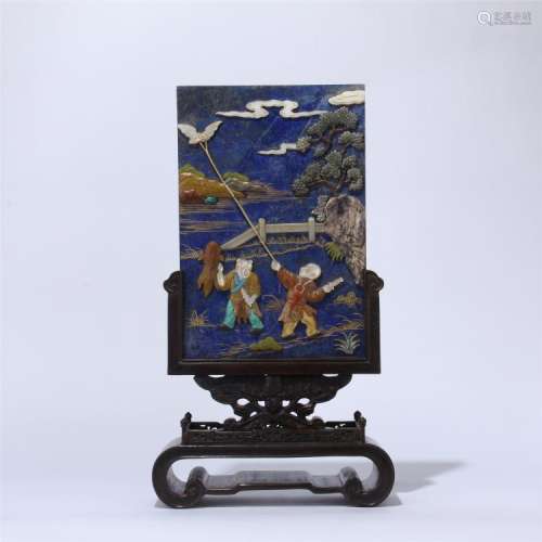 CHINESE ROSEWOOD TABLE SCREEN WITH LAPIS GEMSTONE INLAID SQUARE PLAQUE