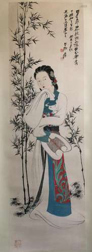 CHINESE SCROLL PAINTING OF LADY UNDER BAMBOO