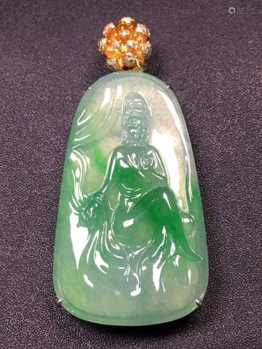 NATURAL JADEITE 18K GOLD DIAMOND GUANYIN PENDANT