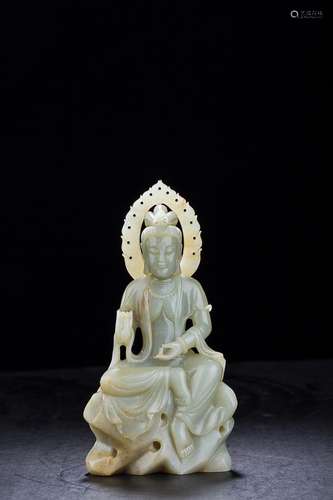 CHINESE CELADON JADE SEATED GUANYIN