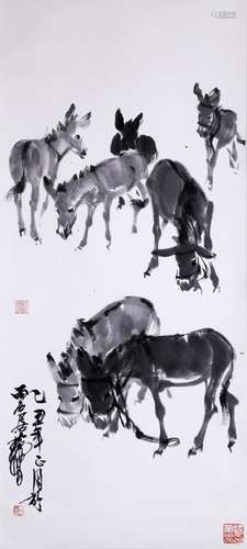 CHINESE SCROLL PAINTING OF DONKEY WITH PUBLICATION