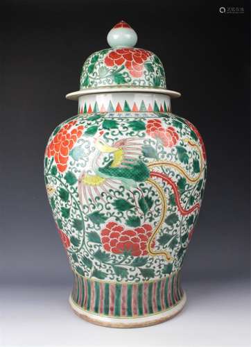 LARGE CHINESE PORCELAIN WUCAI PHOENIX TEMPLE JAR