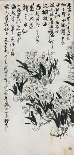 CHINESE SCROLL PAINTING OF ORCHID AND CALLIGRAPHY