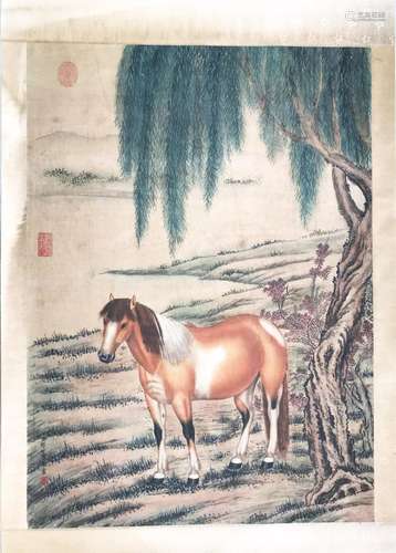 CHINESE SCROLL PAINTING OF HORSE UNDER WILLOW