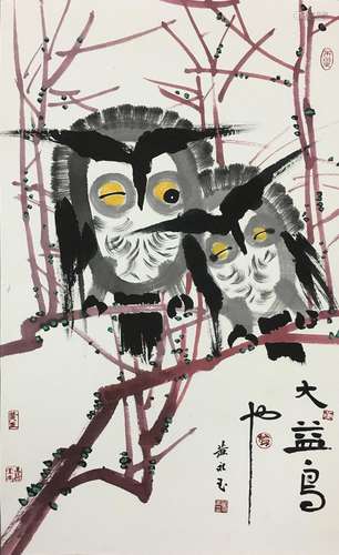 CHINESE SCROLL PAINTING OF OWL ON TREE