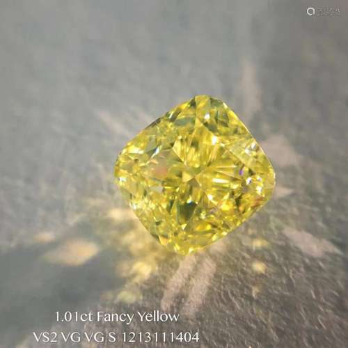 GIA CERTIFICATED 1.01 CT CUSHION SHAPE FANCY YELLOW DIAMOND