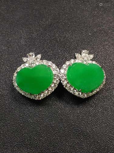 NATURAL JADEITE 18K GOLD DIAMOND HEART EARRINGS