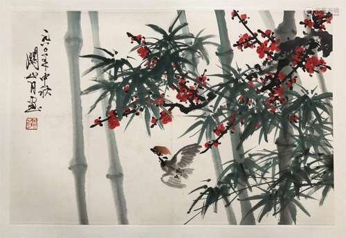 CHINESE SCROLL PAINTING OF BIRD AND BAMBOO