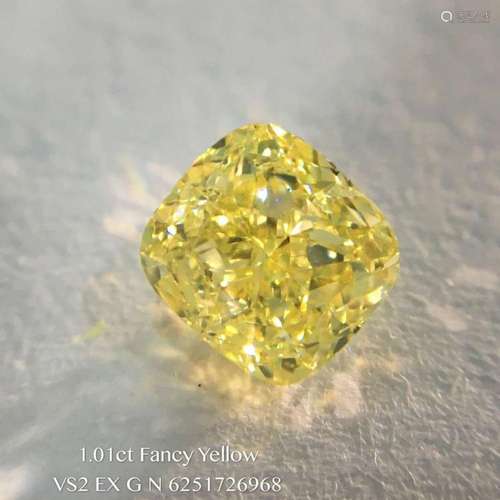 GIA CERTIFICATED 1.01 CT CUSHION SHAPE FANCY YELLOW DIAMOND